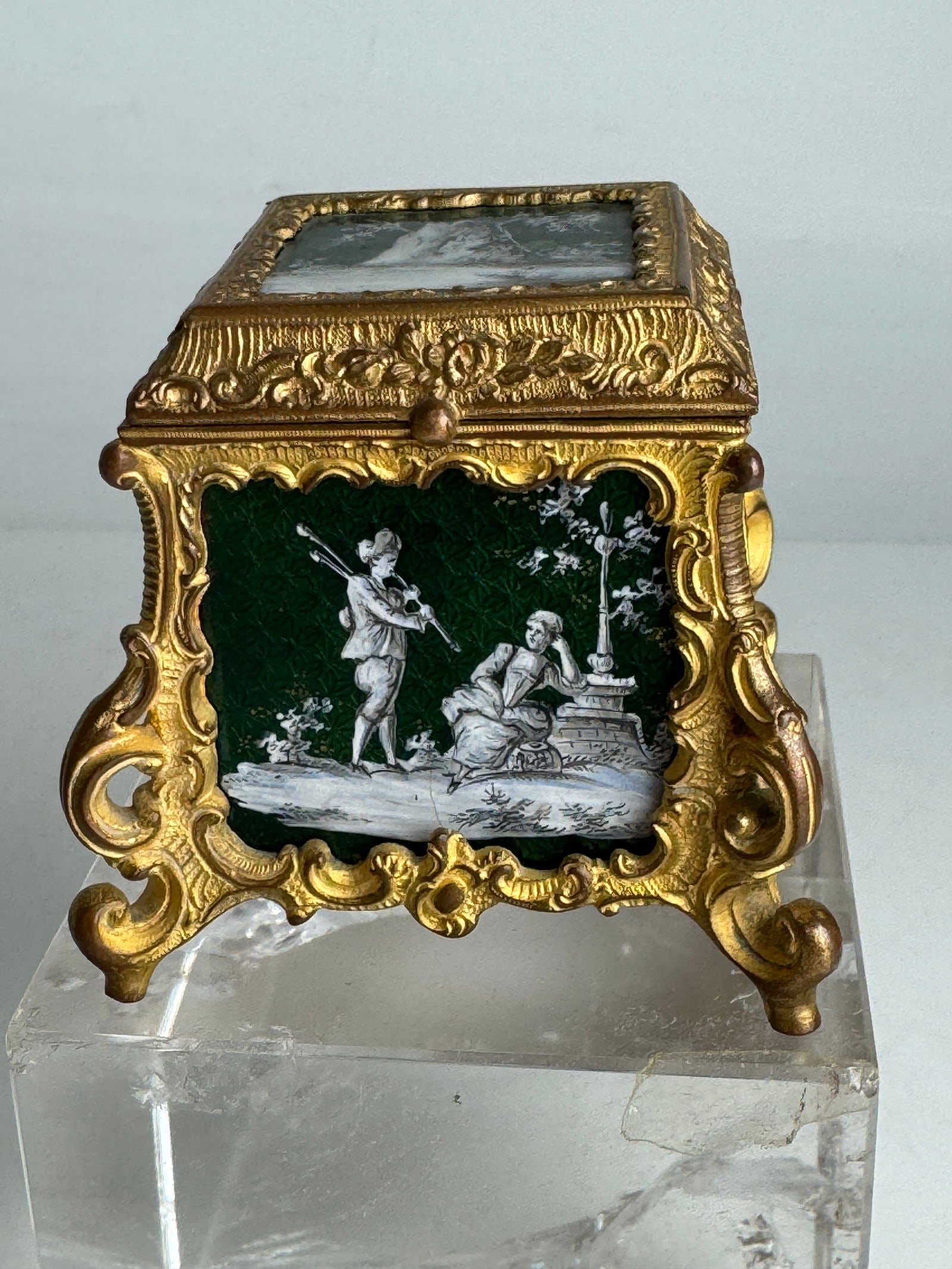 FRENCH LIMOGE ENAMEL MINIATURE BOX: Circa 1900. In good condition. Measures 1.75 inches x 1.75 inches x 1.5 inches h. Estimate $400-500