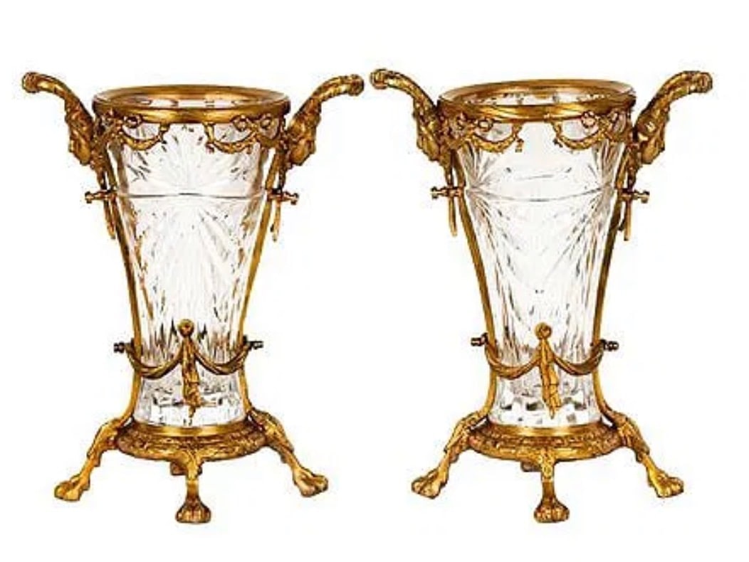 A LARGE ORMOLU MOUNTED BACCARAT STYLE GLASS VASES: Measure 15.5 inches high. Estimate $1000-1200