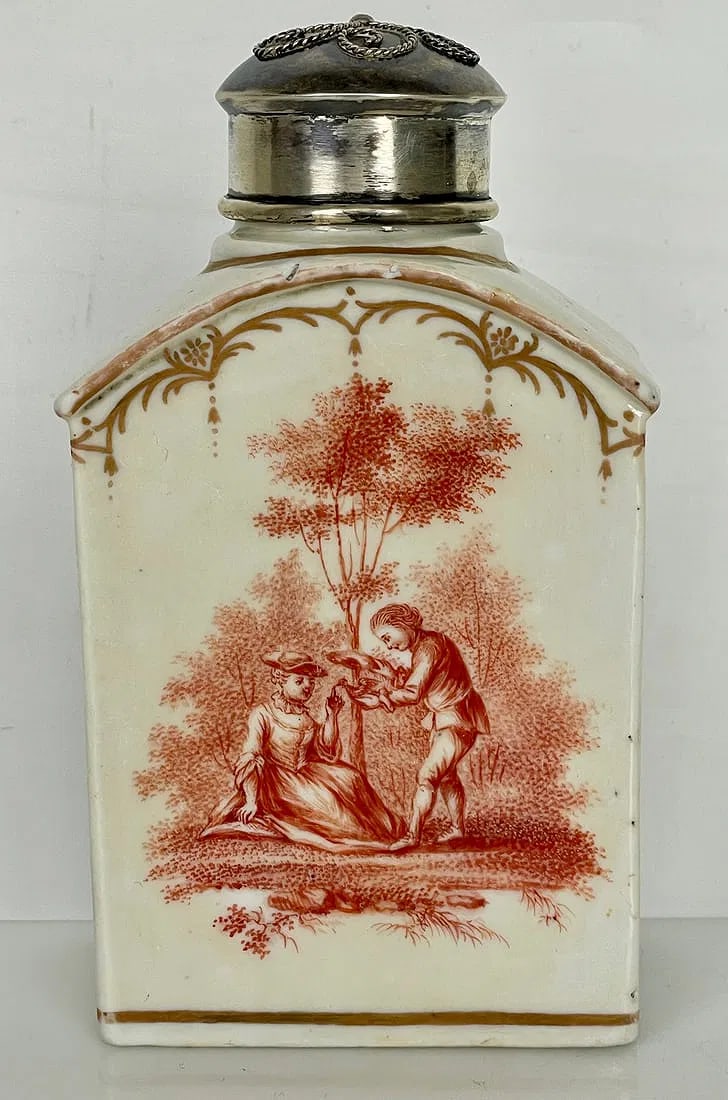 19TH C. CONTINENTAL PORCELAIN SILVER TOP TEA CADDY: Measures 6 inches h. In good condition, some age related gilt loss. Estimate $400-500