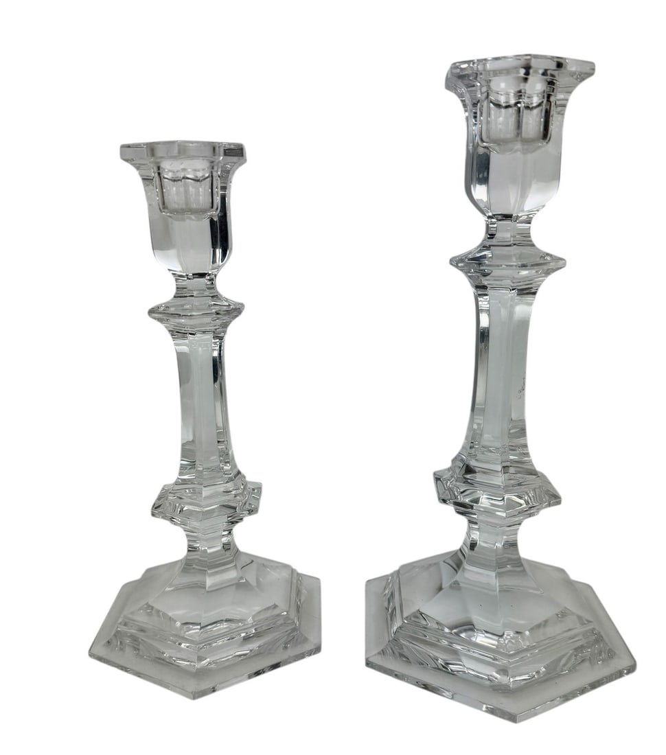 2 SIGNED BACCARAT CANDEL HOLDERS: Both stamped Baccarat . Larger 9 inches high. Both in good condition. Estimate $250-300
