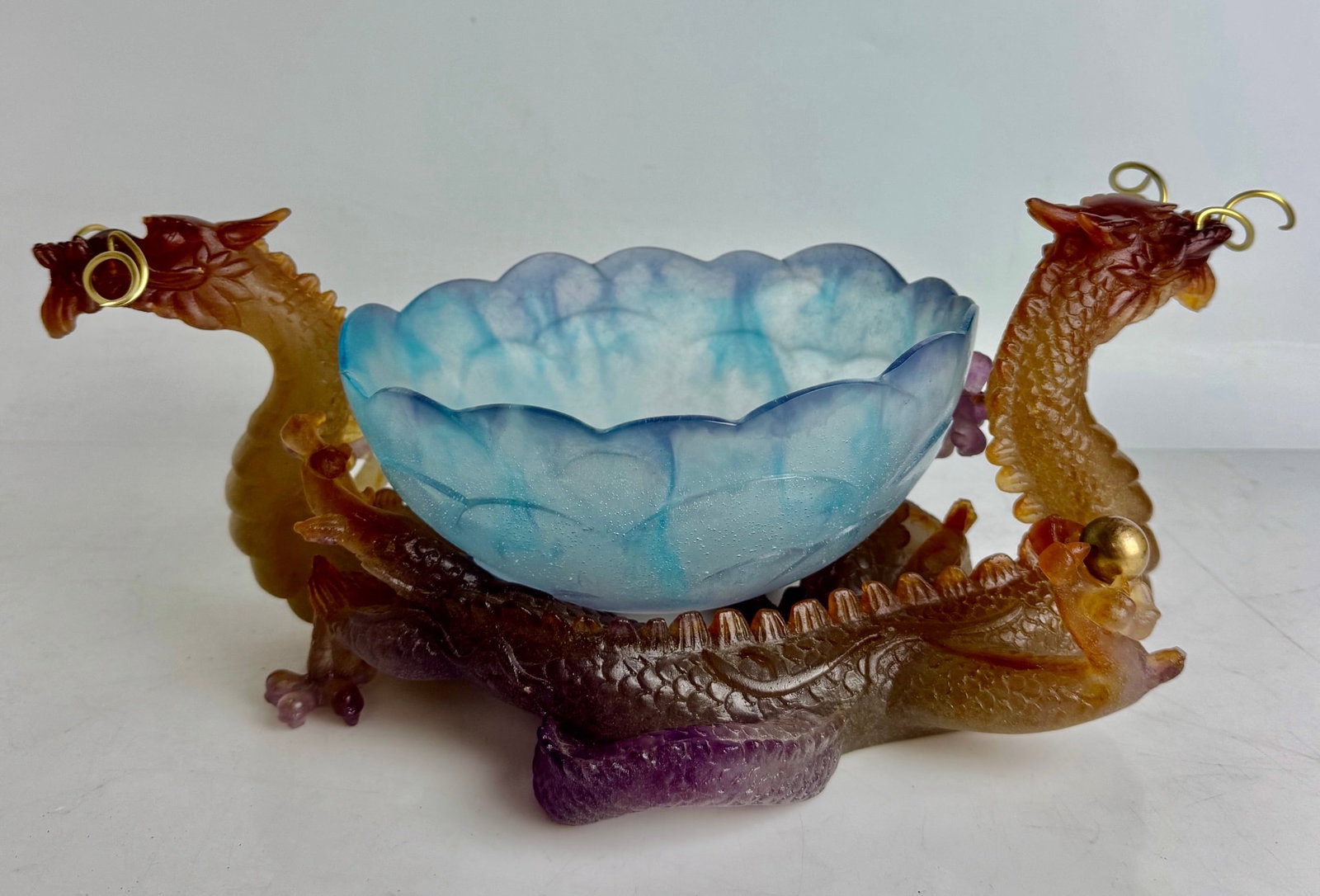 DAUM PATE DE VERRE DOUBLE DRAGON BOWL: Measures 8.5"W x 4"H bowl; 16"L x 6.75"H x 10"W dragons. Signed Daum. In good perfect condition.Estimate $2500-3000