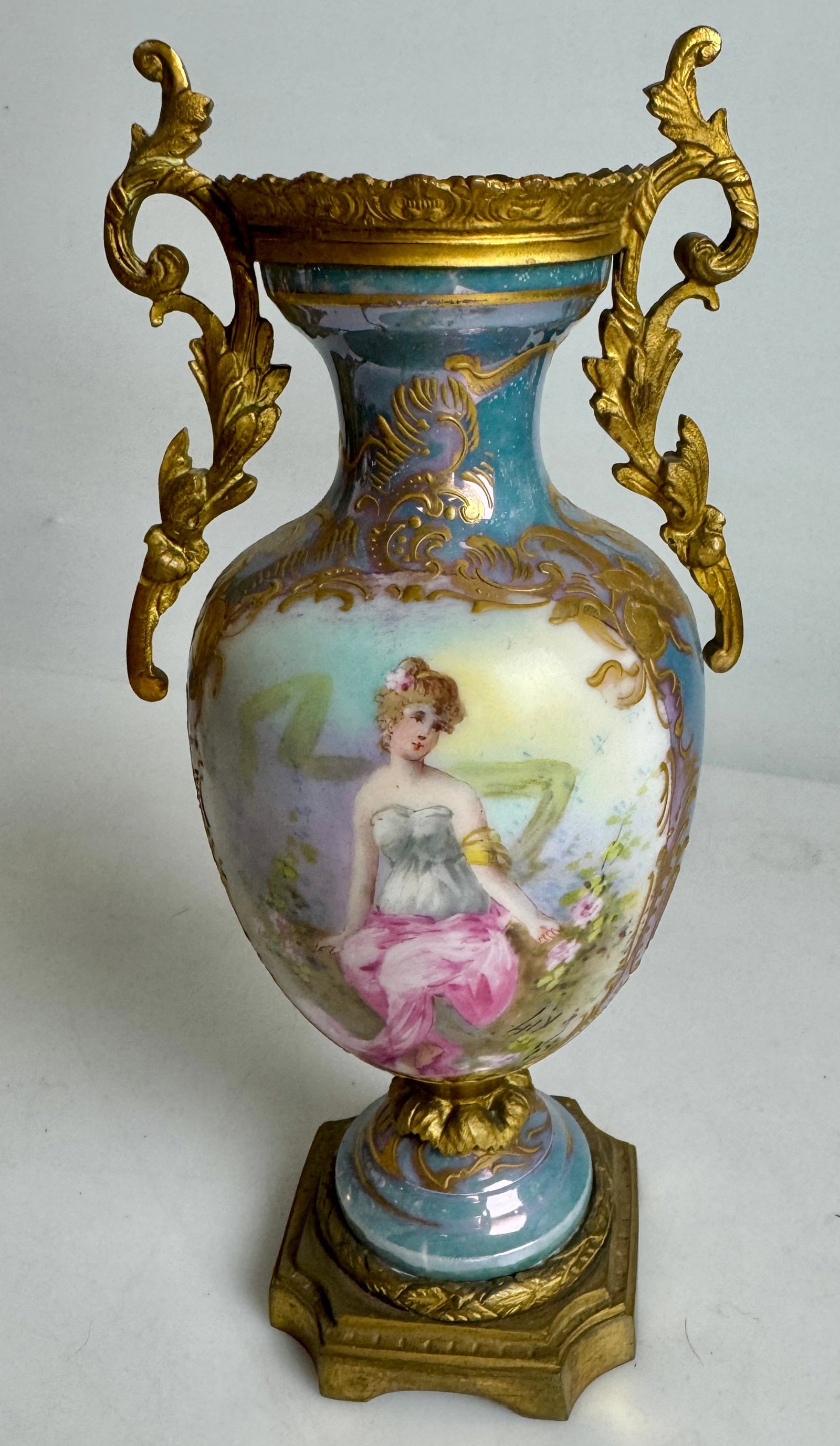 19TH C. SEVRE STYLE ORMOLU MOUNTED VASE: Measures 9 inches h. In excellent condition. Estimate $300-400