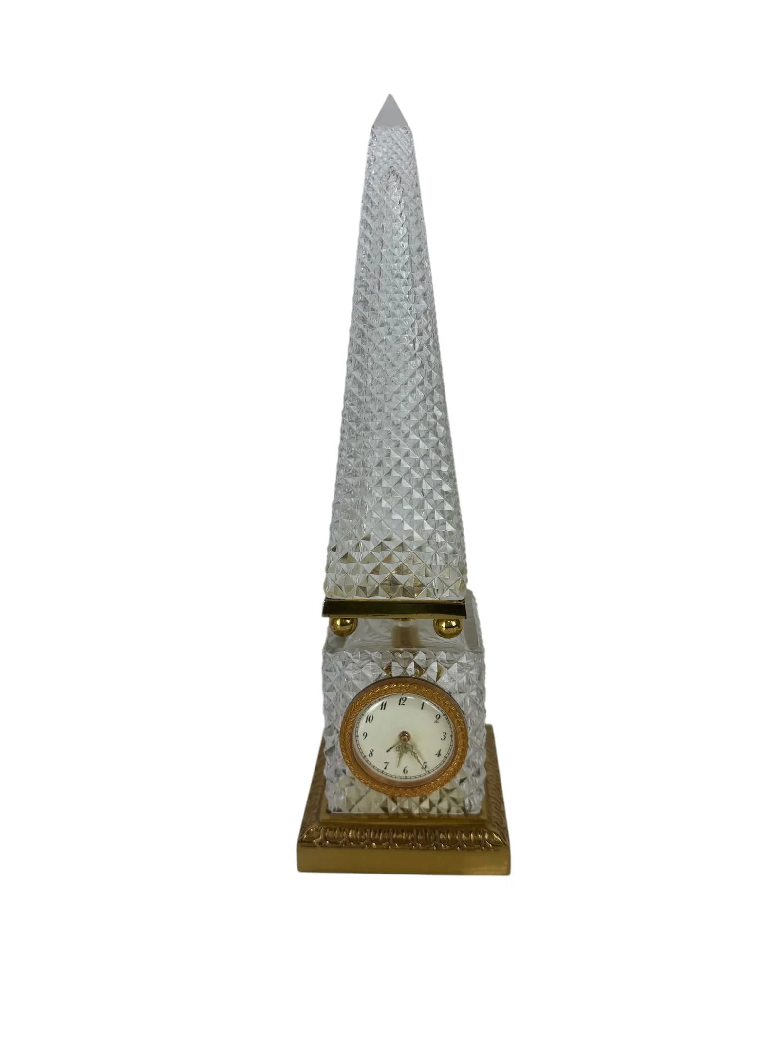 ORMOLU MOUNTED CRYSTAL OBLISQUE SHAPE CLOCK: Measures 12 inches tall. In good condition. Estimate $600-800
