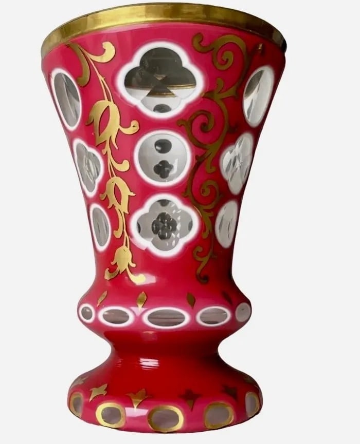 19TH C. ENAMELED AND GILT MOSER BEAKER: Measures 6 inches high. In good antique condition. Estimate $800-1.000
