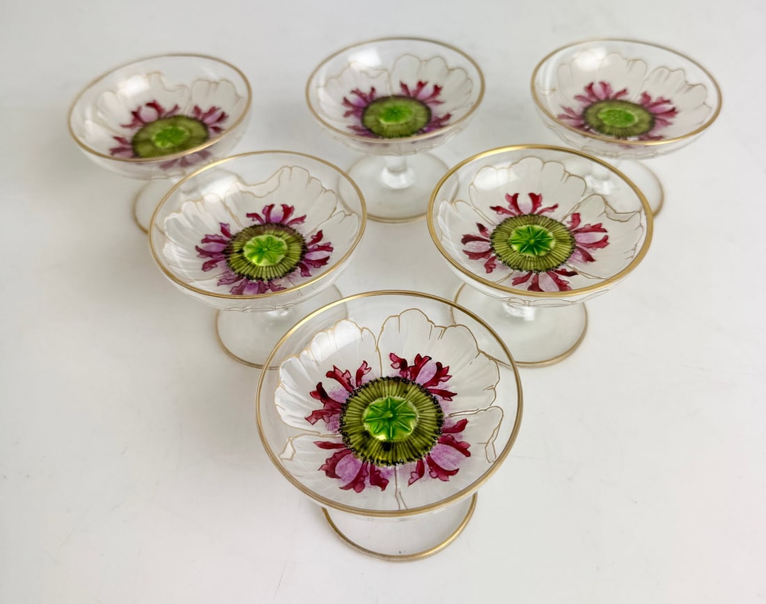 SET OF 6ART NOUVEAU MOSER ENAMELLED MINI SHERBETS: Circa 1920. Measures 2” d. All in excellent condition. Estimate $800-1000