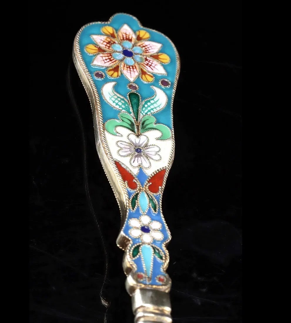 A GOOD RUSSIAN ENAMEL SILVER SPOON/STRAINER - 4