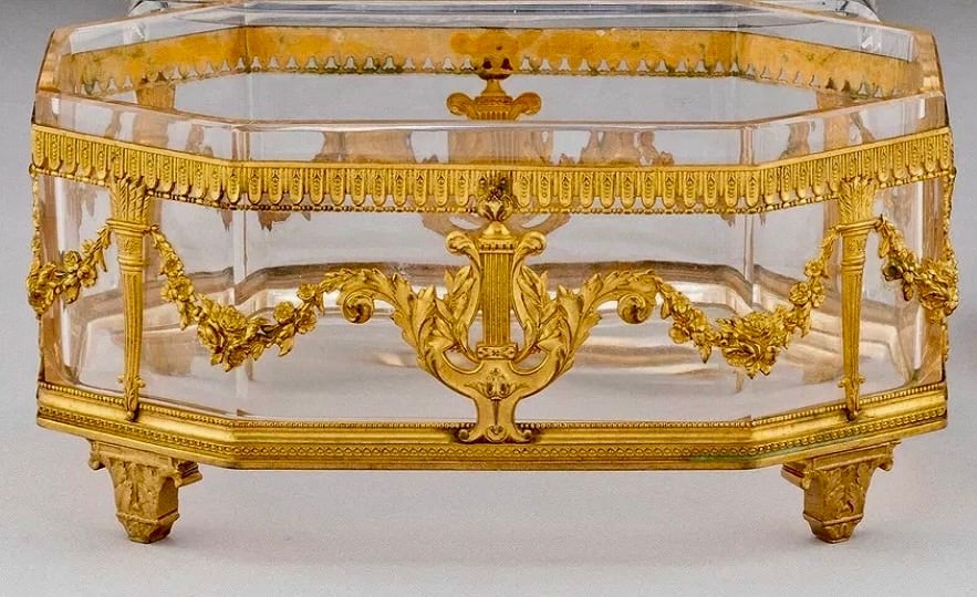 EMPIRE STYLE ORMOLU MOUNTED BACCARAT CENTERPIECE: Circa 1900. Measures 10” l., 6” high. In good antique condition. Estimate $1200-1500