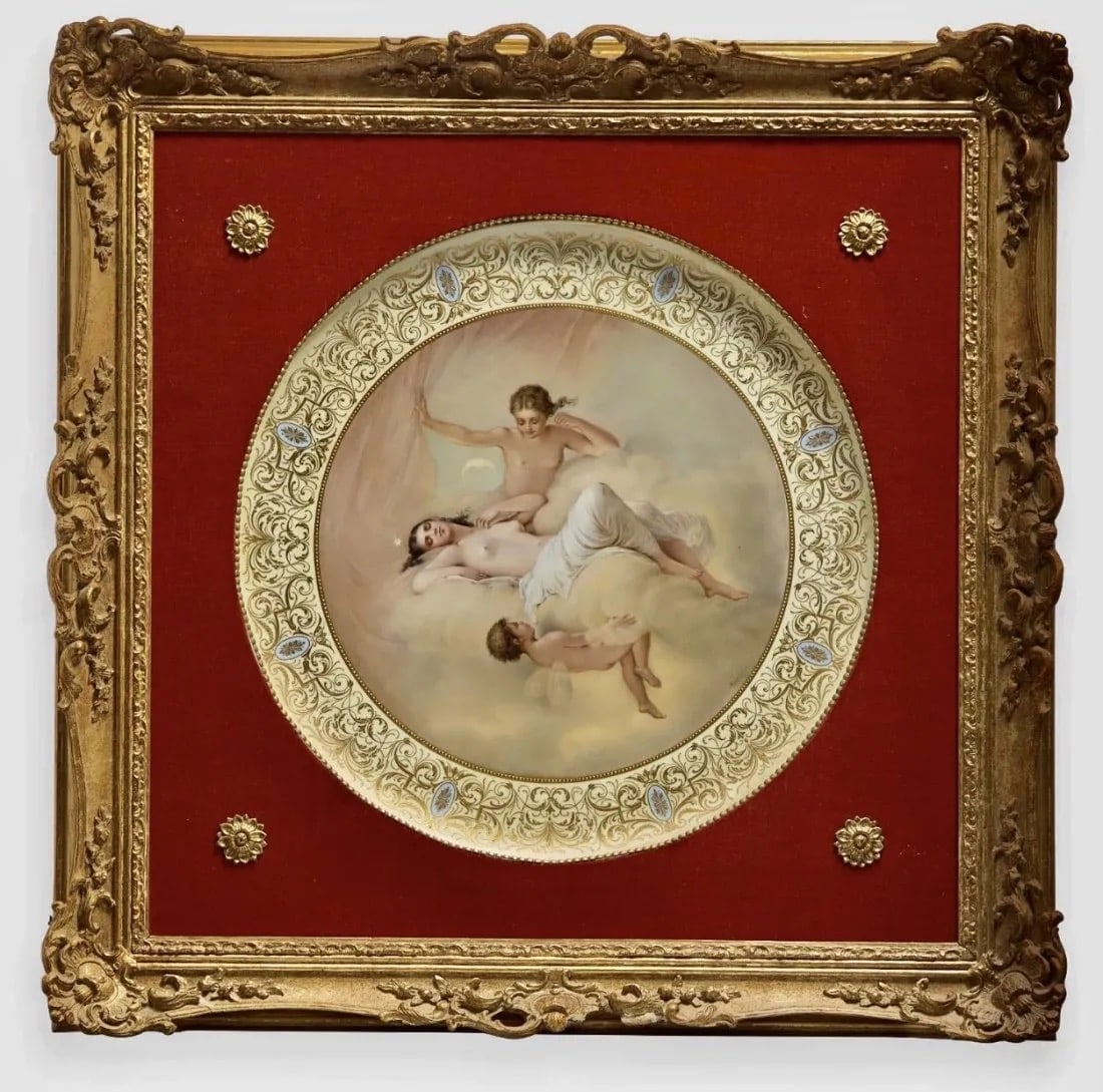 A LARGE 19TH C. ROYAL VIENNA PLAQUE: Plaque measures 18.5 inches d. Artist signed , underglaze beehive and incised no. 98. In good condition. Estimate $4.000-5.000