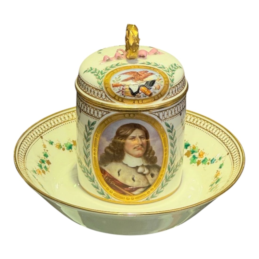 AN IMPORTANT LIDED BERLIN CUP AND SAUCER: Circa 1820. The portrait depicts Frederick William (1620-1688), who ruled Brandenburg-Prussia from 1640 until his death and is famously known as the"Great Elector". Estimate $2500-3000