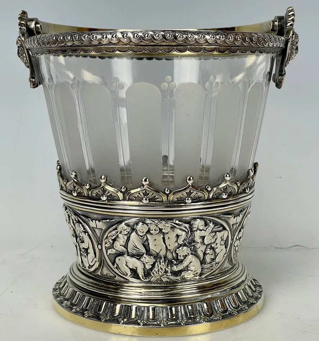 VICTORIAN SILVER PLATED CRYSTAL ICE BUCKET: Measures 7 inches h. In good condition. Estimate $600-800