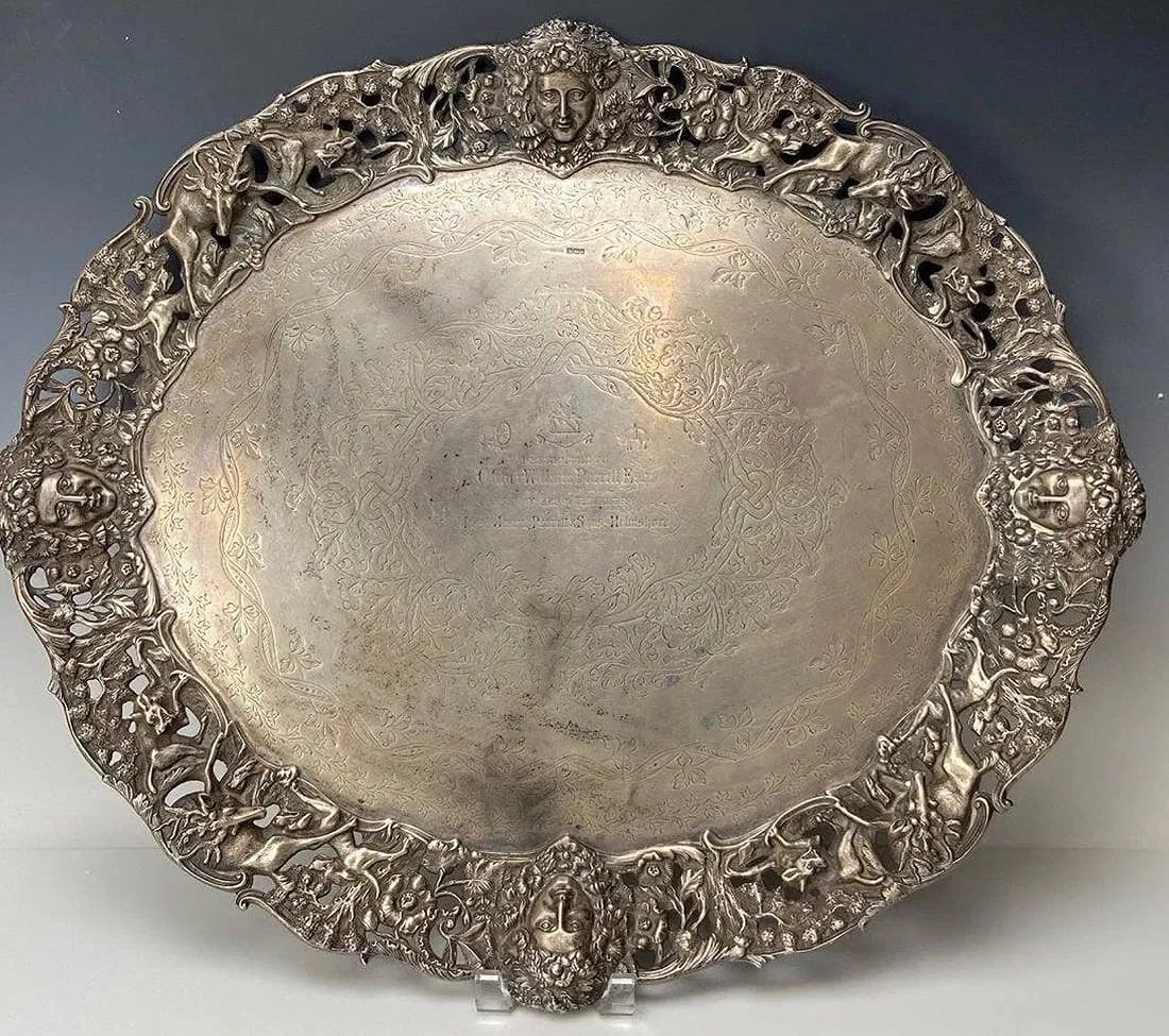 A LARGE 19TH C ENGLISH STERLING SILVER TRAY (1 of 5)