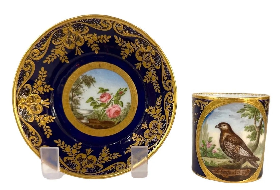 ANTIQUE SEVRES PORCELAIN CUP AND SAUCER: Saucer measures 5 inches d. In good condition. Estimate $4.000-5.000