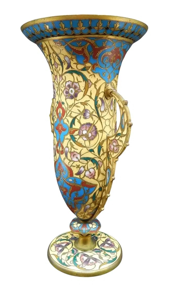 19TH C. FRENCH CHAMPLEVE ENAMEL VASE SIGNED F. BARBEDIENNE: Measures 10.5 inches high. In good antique condition. Estimate $1500-2000