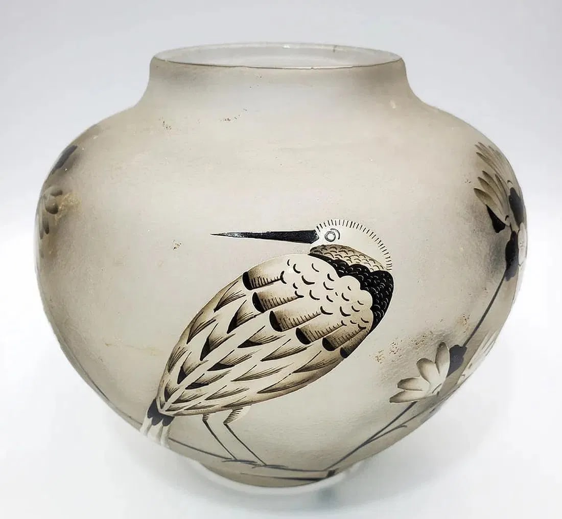 ART DECO DAUM NANCY VASE: Daum Nancy French Art Deco Acid Cut & Enameled Glass Vase c.1930's w/ Decorations of Birds & Flowers. Fully Signed. Condition: Excellent. Dimensions: H-6.5" x Dia-7". Estimate $2000-2500