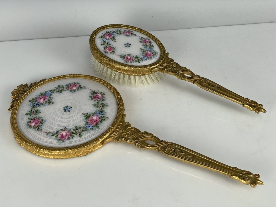 CONTINENTAL DORE BRONZE AND ENAMEL MIRROR & BRUSH: Circa 1900. Good condition. Estimate $500-600