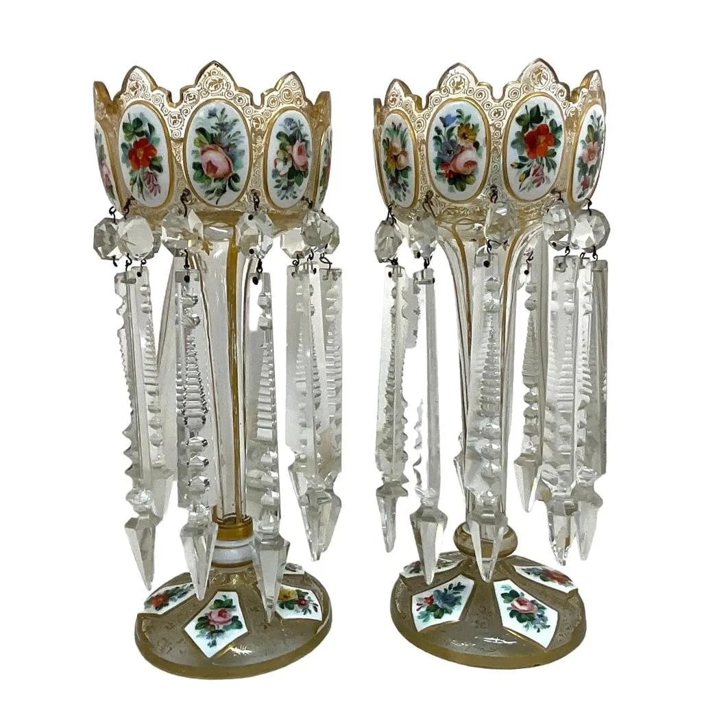 A LARGE PAIR OF BOHEMIAN MOSER OVERLAY GLASS LUSTERS: Circa 1880. Measure 12 inches high. In good antique condition. Estimate $2.000-2.500