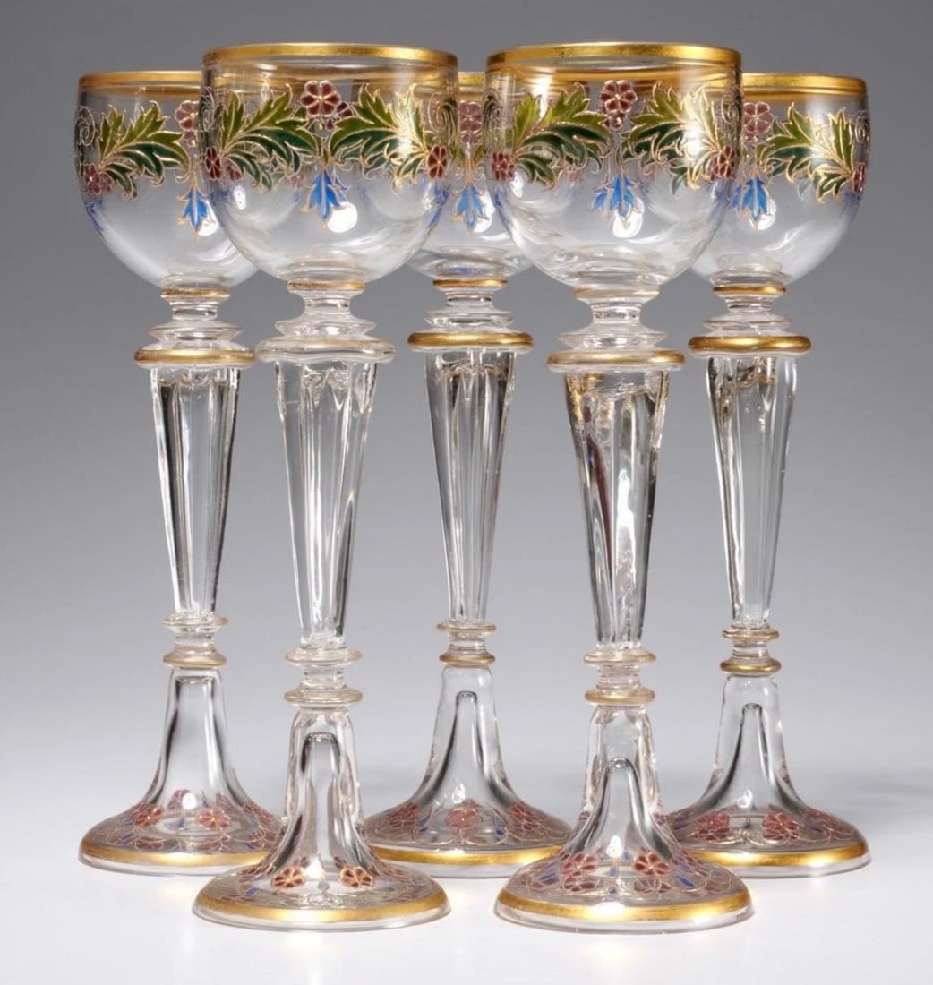 SET OF 5 ENAMELLED BACCARAT WINE GLASSES: All in good condition, one with minor chip. measure 8.5” h. Estimate $600-800