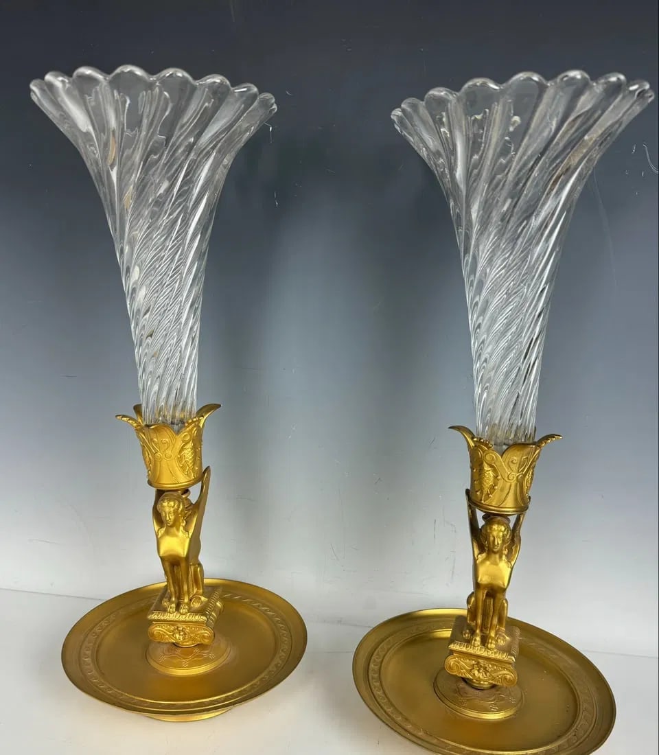 19TH C. DORE BRONZE AND BACCARAT CRYSTAL VASES: Measure 16 inches high. In good used condition. Estimate $1500-2000