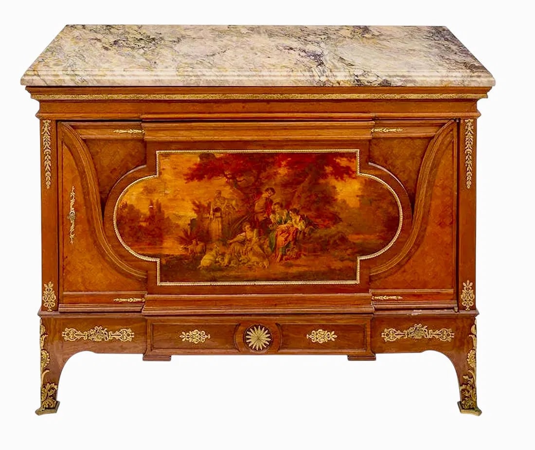 19TH C. ORMOLU MOUNTED VERNIS MARTIN COMMODE: Finely painted and mounted with very fine quality ormolu, with marble top . Dimensional: Height 37 1/2 x width 50 x depth 23 1/4 inches. In good antique conditionEstimate $5000-6000