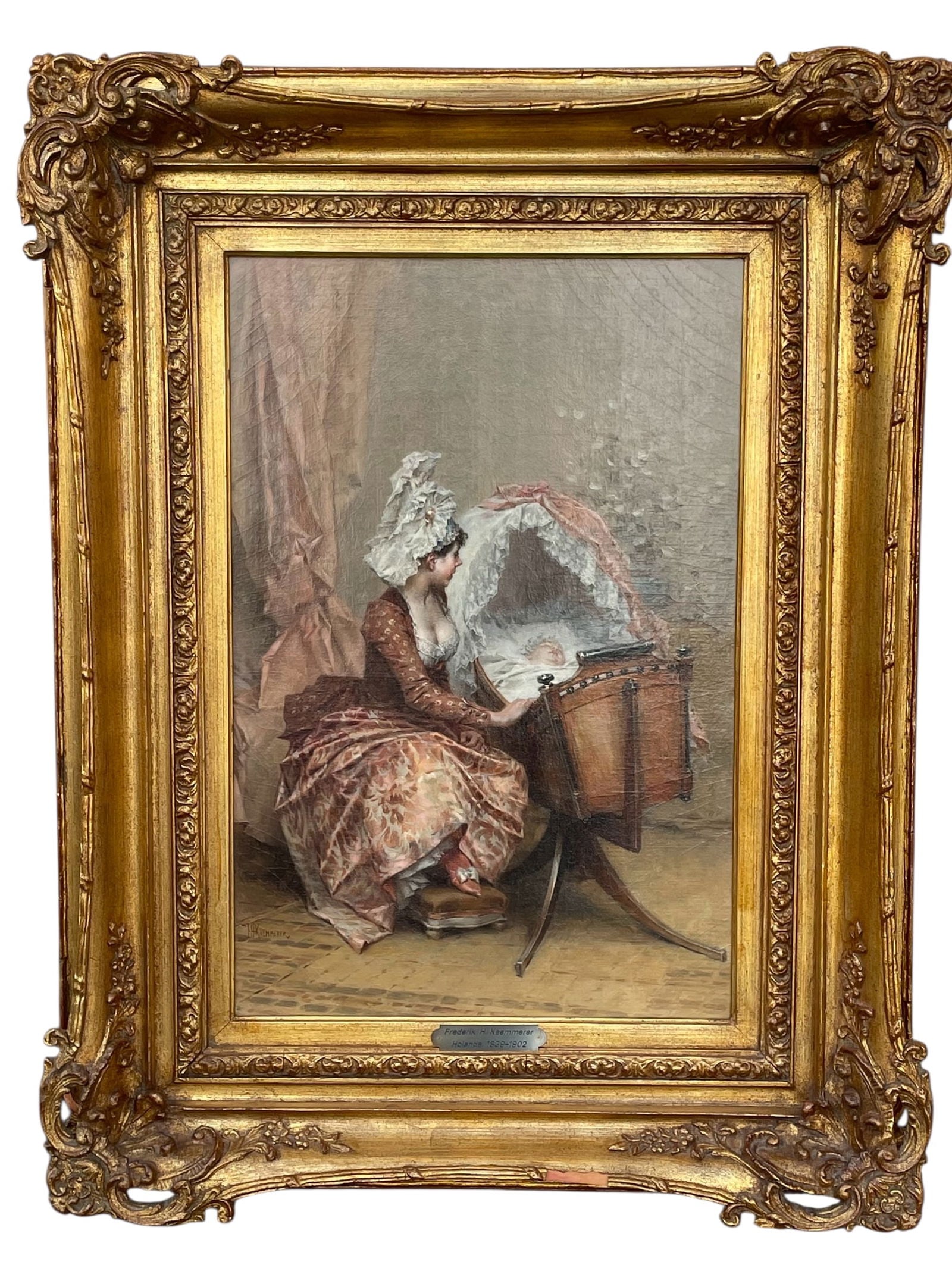 19TH C. DUTCH OIL ON CANVAS PAINTING SIGNED F.H. KAEMMERER: Measures 34 inches x26 inches framed, 23.5 inches x16 inches unframed. In very good condition. Estimate $6000-8000
