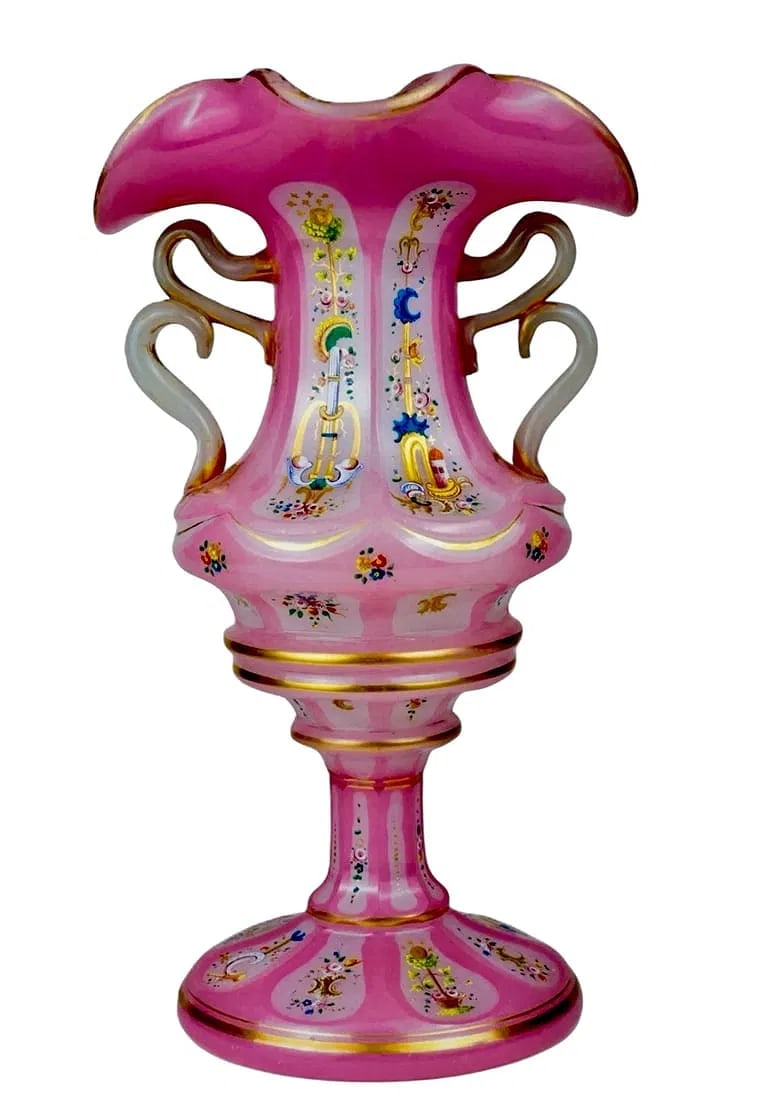 A LARGE BOHEMIAN OPALINE GLASS VASE: Circa 1880. Measures 12.5 inches tall. In excellent condition. Age appropriate loss of gold. Estimate $4000-5000
