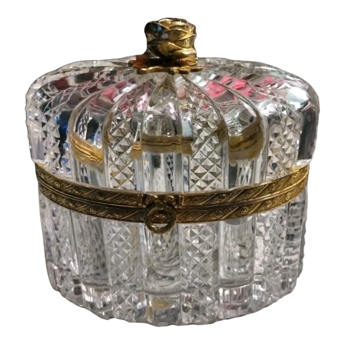 A MAGNIFICENT ORMOLU MOUNTED BACCARAT CRYSTAL BOX: Circa 1900. Measures 6” x 5.5” h. In very good used condition. Estimate $1500-2000