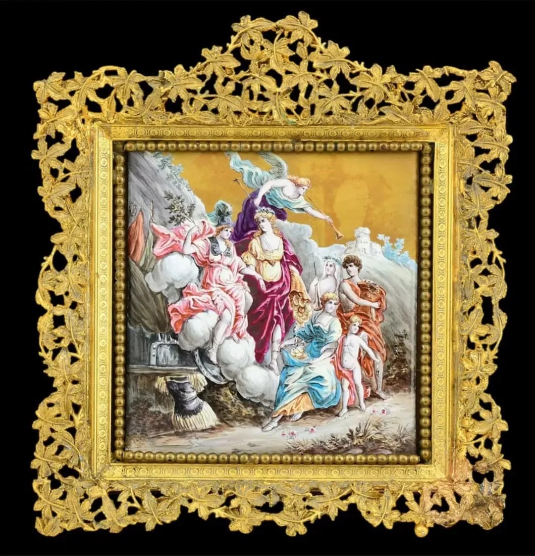 19TH C. ENAMEL PLAQUE: Dimensions: 8 3/8 x 3 1/2 inches (frame) , 4 7/8 x 4 3/4 inches (sight). In excellent condition.Estimate $800-1000