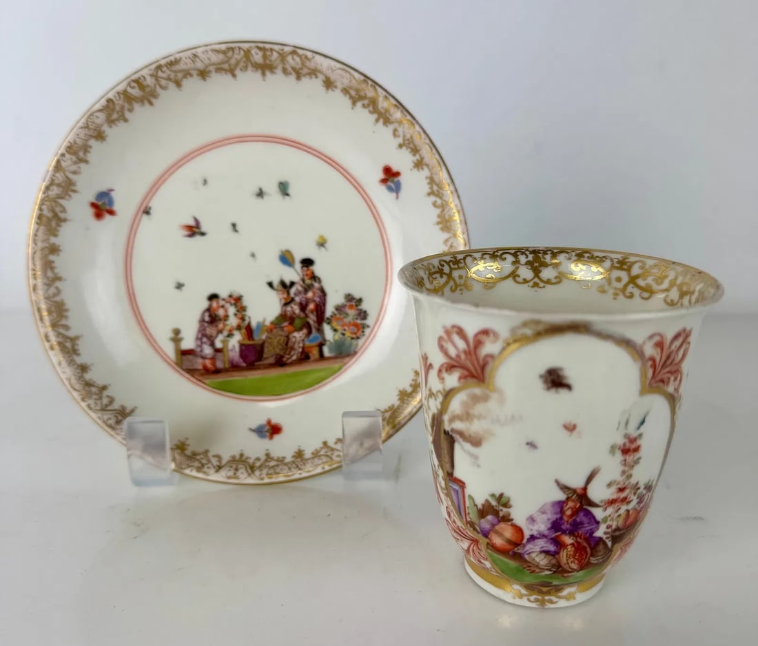 18TH C. MEISSEN CHINOISERIE CUP AND SAUCER: Circa 1830. Sold Christie’s oct 2015. Estimate $2500-3000