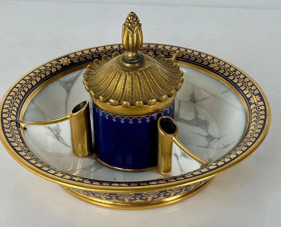 IMPERIAL SEVRES PORCELAIN INK WELL: Circa 1850. Measures 7 inches d. In excellent condition. Estimate $1500-2000