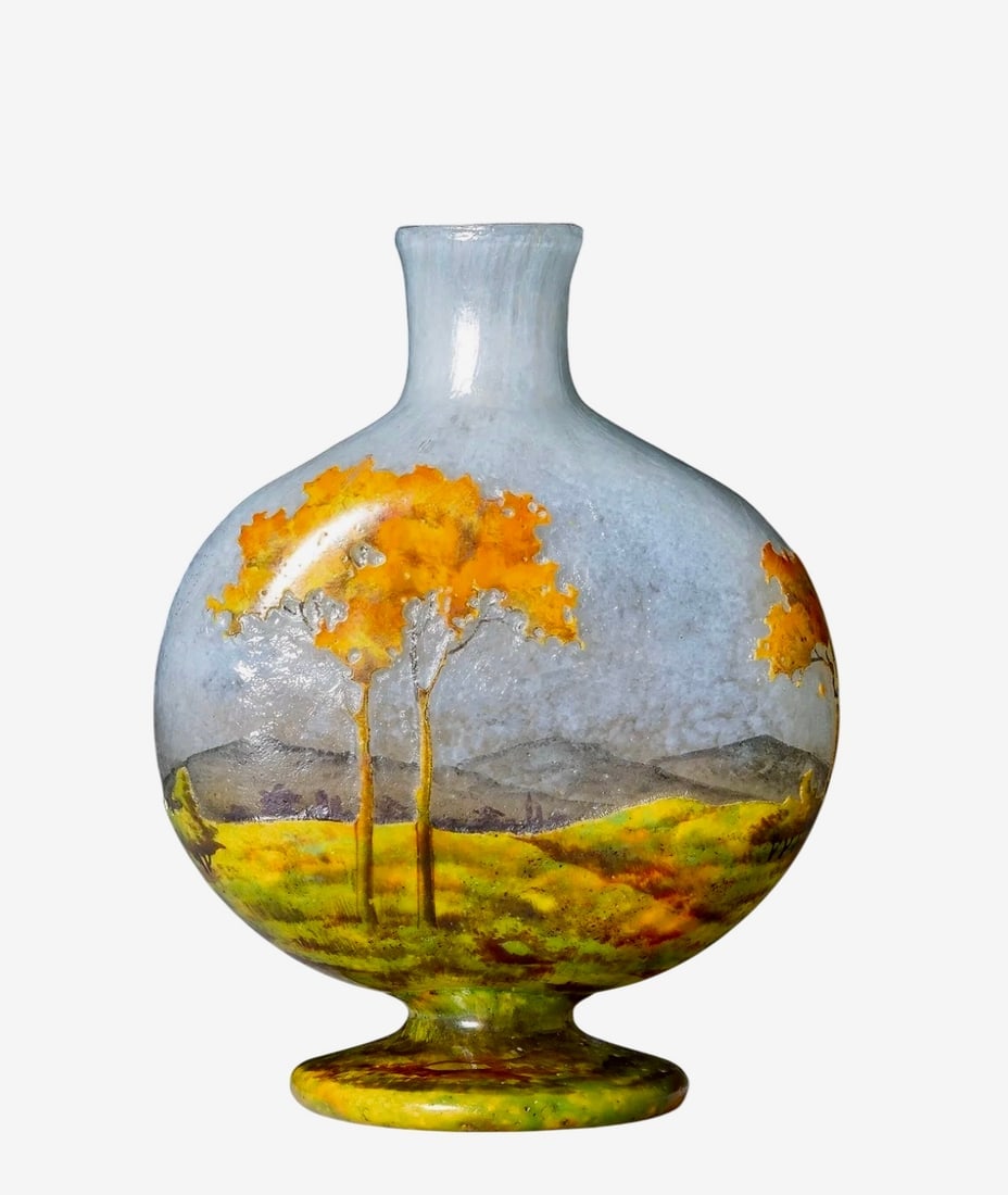 DAUM NANCY AUTUMN LANDSCAPE VASE: Daum Frères Autumn Landscape Vase, circa 1900 Acid-etched and enameled glass 4-1/4 inches (10.8 cm) Marks: Daum Nancy. Excellent condition. Estimate $3500-4000