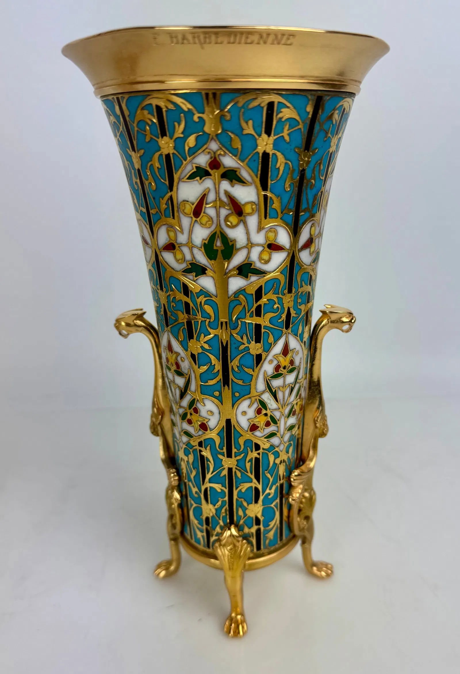 FRENCH CHAMPLEVE ENAMEL BRONZE VASE SIGNED F. BARBEDIENNE: Circa 1900. Measures 9 inches high. In good antique condition. Estimate $1500-2000