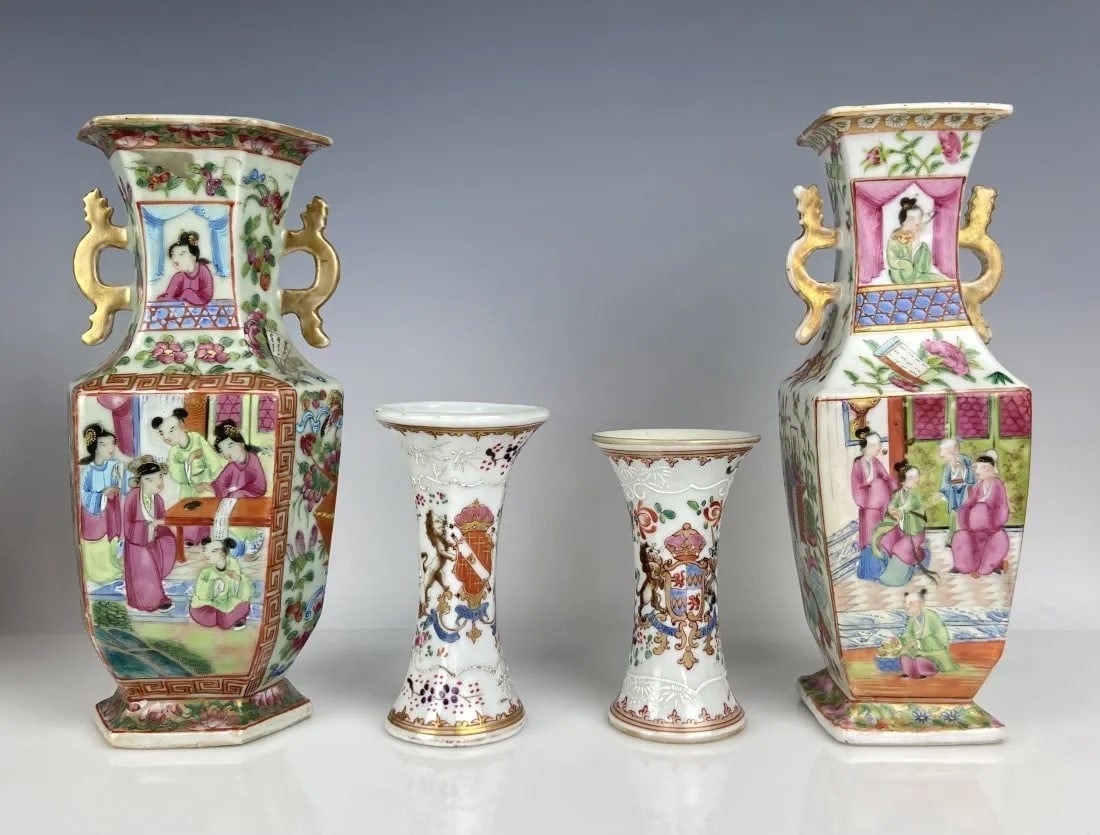 2 CHINESE ROSE CANTON PORCELAIN VASES AND 2 SAMSON VASES: Circa 1900. Tallest 9.5 inches high. All in good condition. Estimate $1.200-1.500
