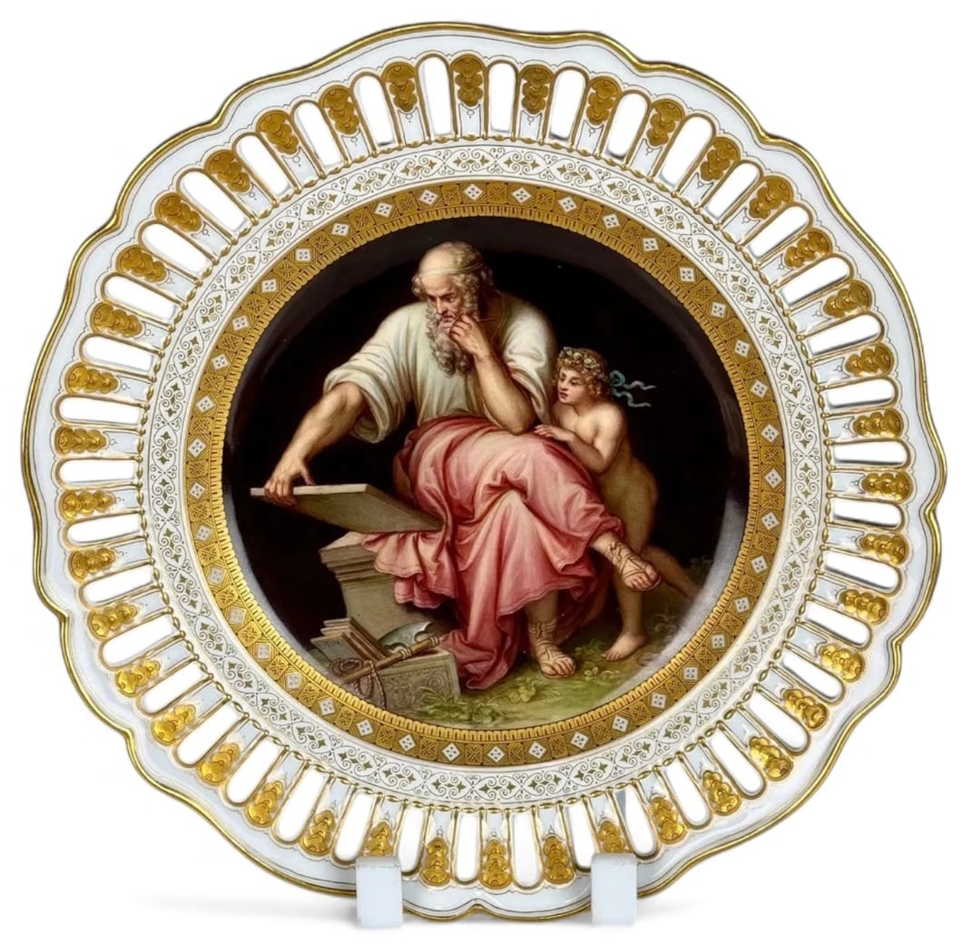 A MAGNIFICENT MASTER PAINTED RETICULATED MEISSEN PLATE: Circa 1880. Measure 9.25 inches D. In excellent condition. Estimate $8000-10000