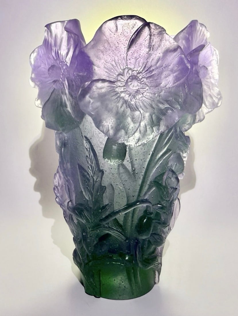 DAUM PATE DE VERRE HIBISCUS VASE: Daum Vase Moyer Modele Hibiscus , measures 7 inches high. Signed Daum France.In good condition. Estimate $1200-1500