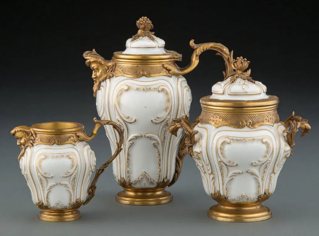 3 PIECE PAUL CANAUX PORCELAIN & SILVER COFFEE SERVICE.: A Three-Piece Paul Canaux & Cie. Partial Gilt Porcelain Coffee Service With Gilt Silver Mounts, circa 1900 Marks: P.C & CIE., (anvil), (Mercury's head-2), (crescent-crown), 800 7-1/4 × 5-3/4 x 3-1/2 
