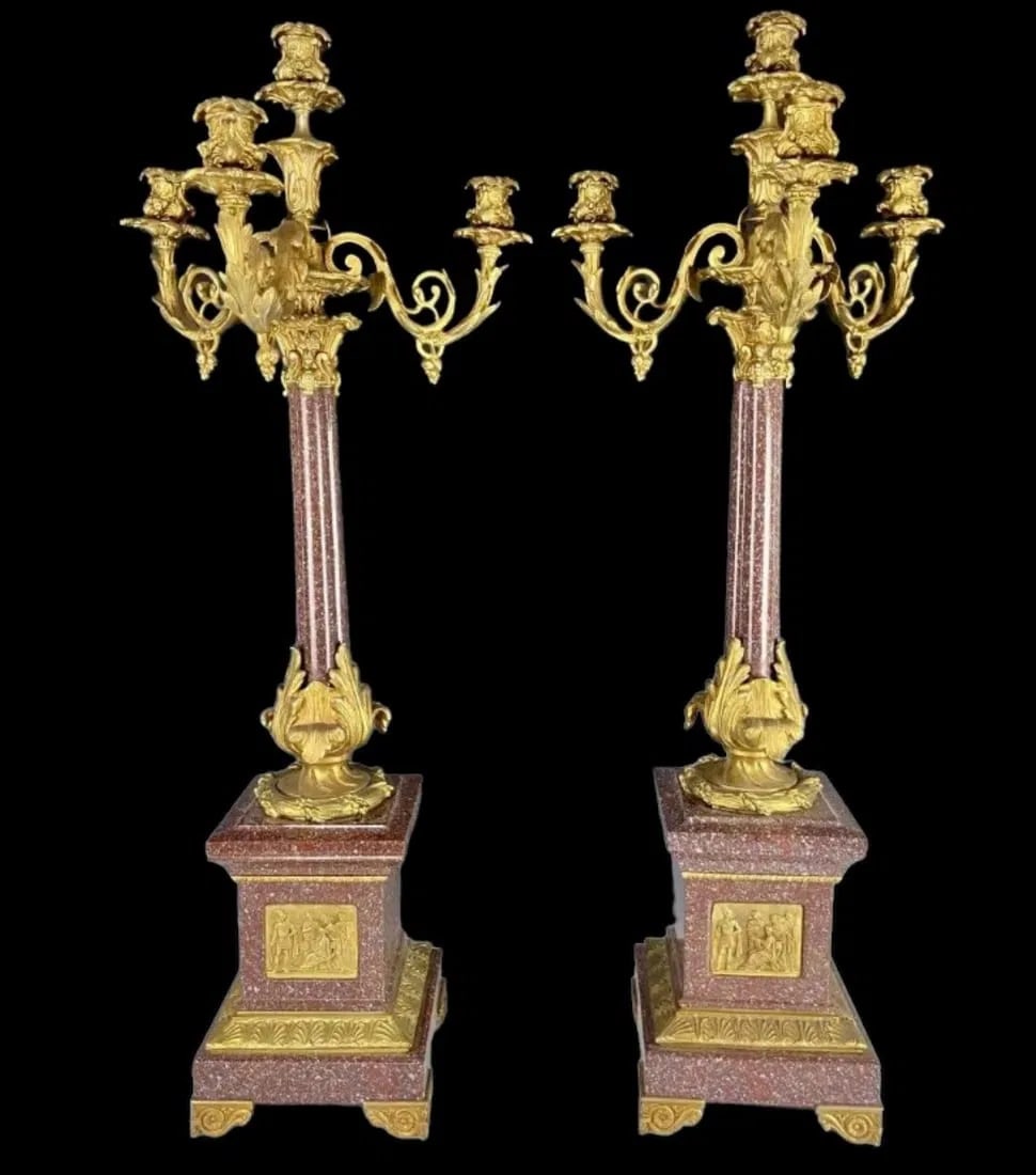 A LARGE PAIR OF DORE BRONZE AND MARBLE CANDELABRA: Measure 35.5 inches high. Good overall condition. No damage or restoration. Estimate $3.000-4.000