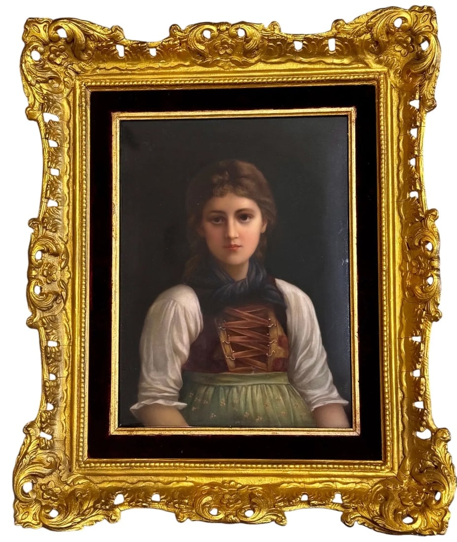 A LARGE BERLIN KPM PORCELAIN PLAQUE OF A MAIDEN: Circa 1880. Measures 10 inches x7 inches unframed. Two very small scratches in the dark ares , hardly visible. Estimate $3000-4000