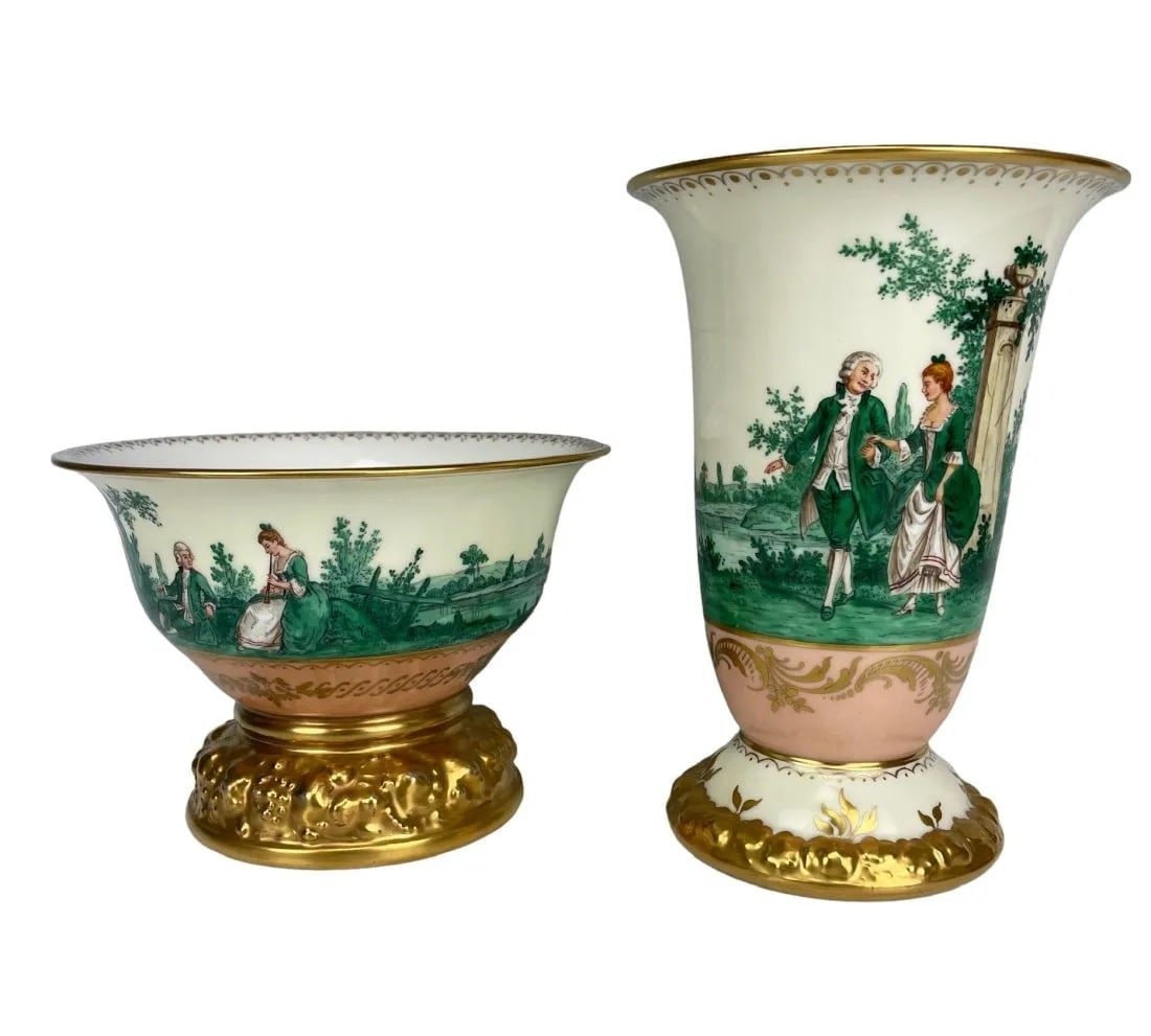 DRESDEN VASE AND BOWL: Circa 1900. Finely hand painted. Vase 8 inches tall. Both in excellent condition. Estimate $1.500-2.000