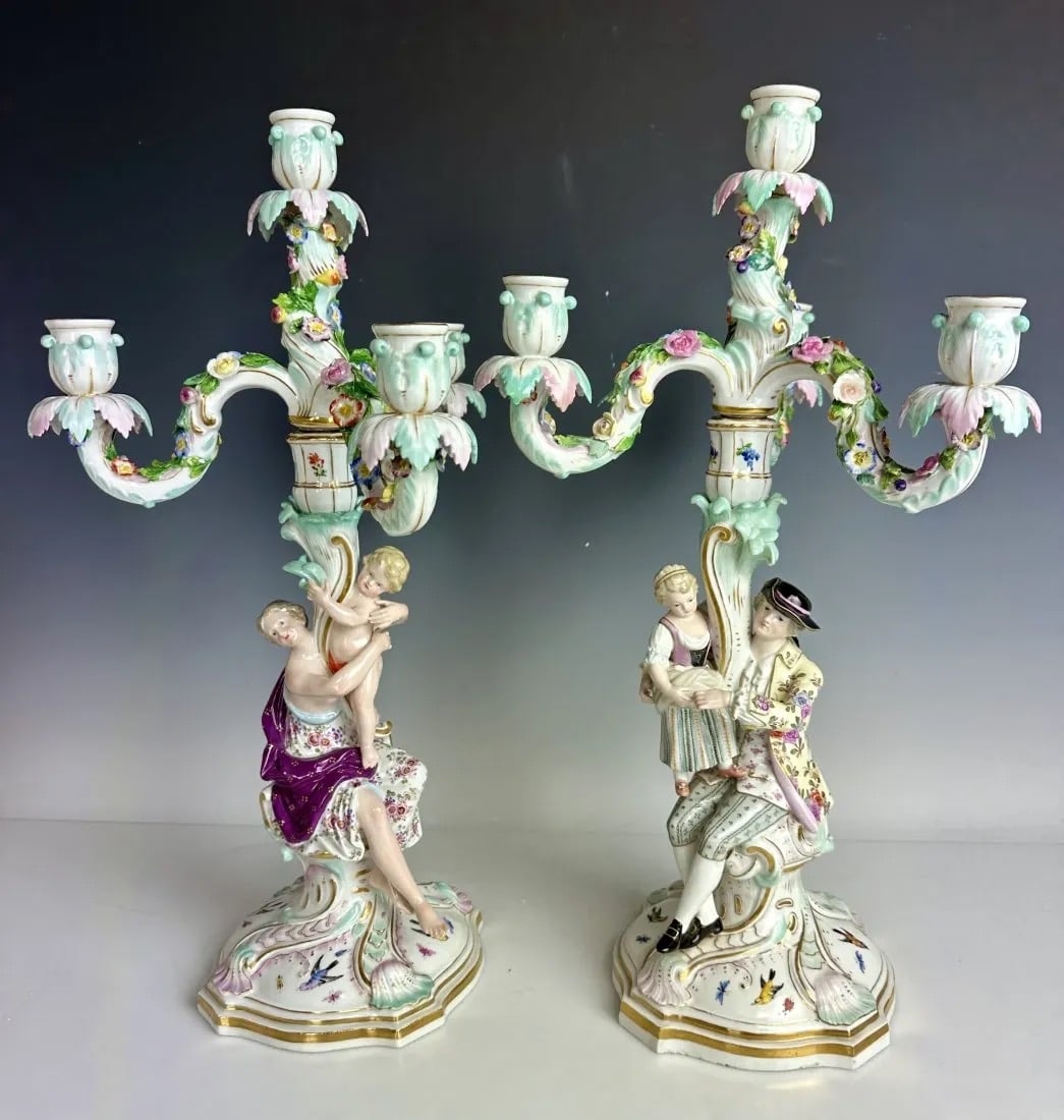A LARGE PAIR OF 19TH C. MEISSEN CANDELABRA: First quality. Measure 19 inches high. In overall good condition, minor restoration. Estimate $2.000-2.500