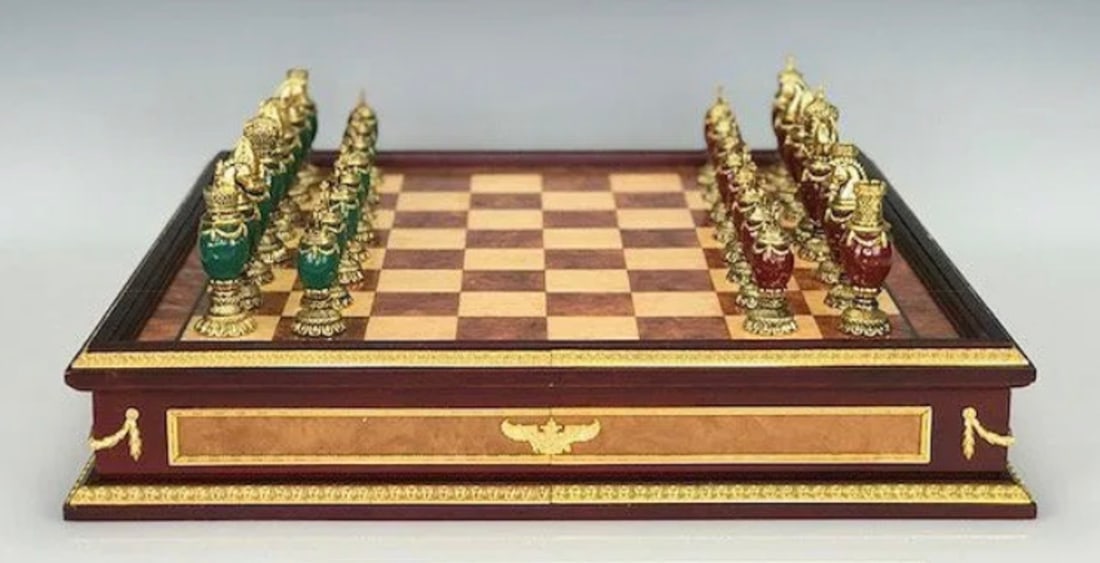 IMPERIAL FABERGE CHESS SET: Enamelled , complete set with chess board/ box. In excellent condition. Estimate $2500-3000
