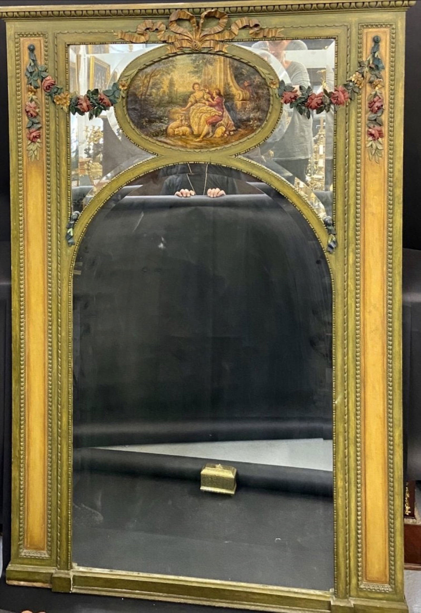 ANTIQUE FRENCH GILT AND PAINTED TRUMEAU MIRROR: Circa 1900. Measures 54 inches W. 77 inches high. Estimate $2.500-3.000
