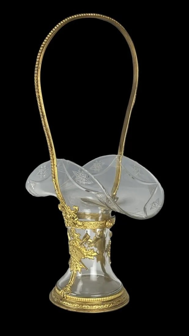 A LARGE EMPIRE STYLE ORMOLU MOUNTED BACCARAT CRYSTAL BASKET: Circa 1900. Measures 15 inches tall. In good used condition. Estimate $2.500-3.000