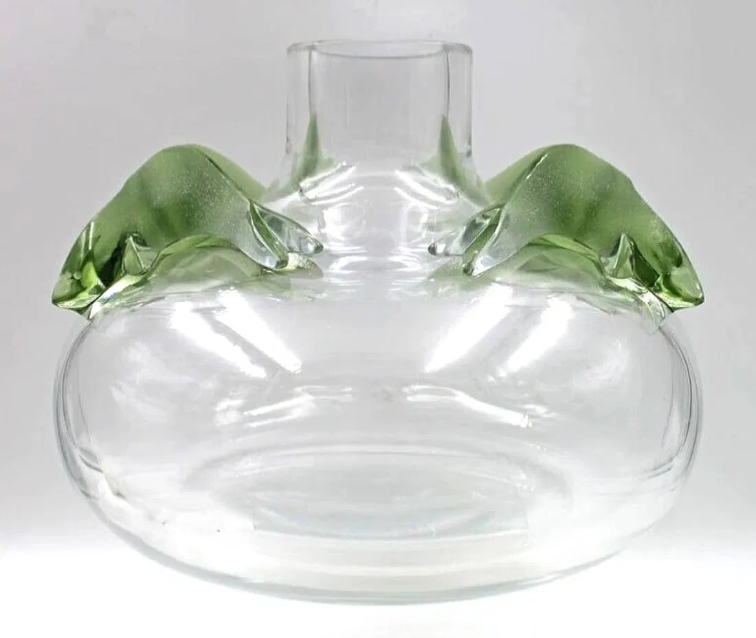 LALIQUE SAGHIR ART GLASS VASE 8: Lalique art glass very large and heavy Saghir vase with frosted applied green stylized dolphins or fish. Measures 8 inches high. In excellent condition. Estimate $1200-1500