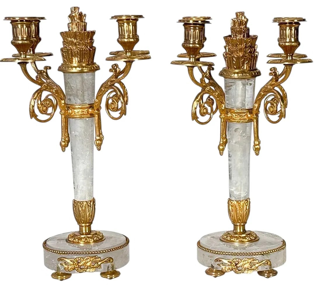 PAIR OF ORMOLU MOUNTED ROCK CRYSTAL CANDELABRA: Measure 14 inches high. In good condition. Estimate $2500-3000