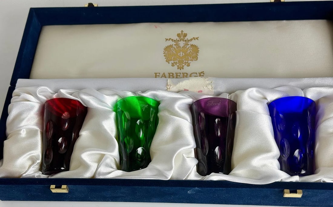IMPERIAL FABERGE COLOR CRYSTAL SHOT GLASSES: In original presentation box. In excellent condition. Estimate $600-800
