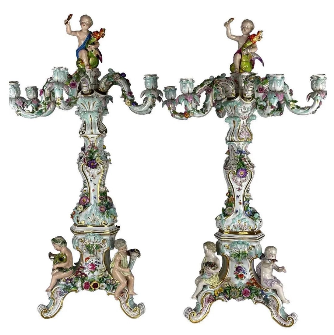 A PALATIAL PAIR OF 19TH C. MEISSEN CANDELABRA: Circa 1850. First quality. Measure 33 inches high. Estimate $15009-20099