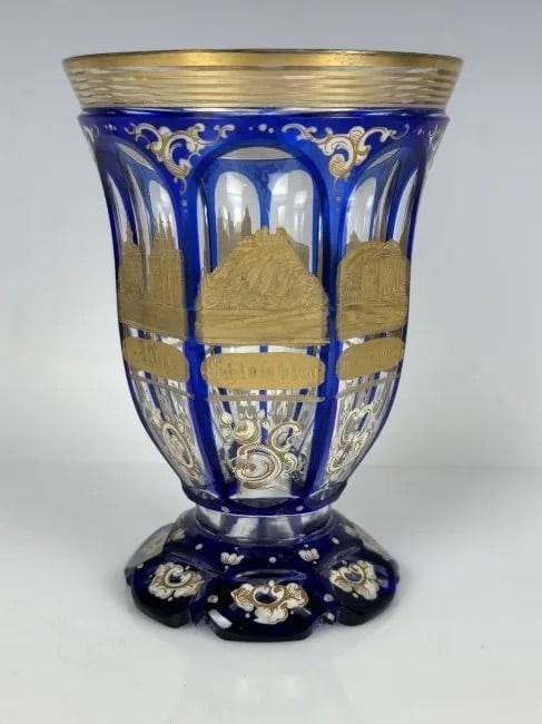 19TH C. ENAMELED AND GILT MOSER BEAKER: Measures 6 inches high. In good antique condition. Estimate $800-1.000