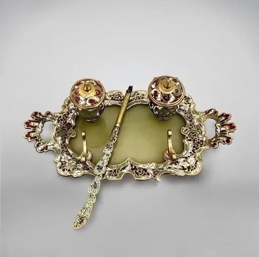 19TH C. FRENCH CHAMPLEVE ENAMEL INKWELL: Measures 8 inches long. In good antique condition. Estimate $800-1.000