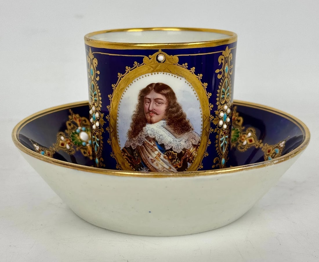19TH C. JEWELLED SEVRES CUP AND SAUCER: Saucer 5 inches d. In very good condition. Estimate $2000-2500