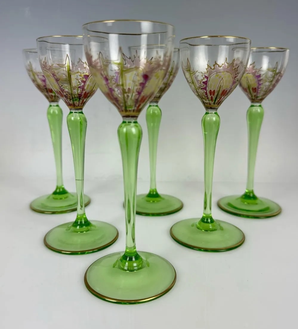 SET OF 6 AUSTRIAN ENAMELLED GLASSES: A set of 6 Austrian enamelled liqueur glasses . circa 1900 . Dimension: height 5 1/2in (14cm) .All in good condition. Estimate $600-800